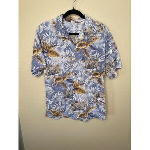 Vintage Mens Blue Hawaiian Short-Sleeve Button-Up Shirt L Cotton Tropical Floral